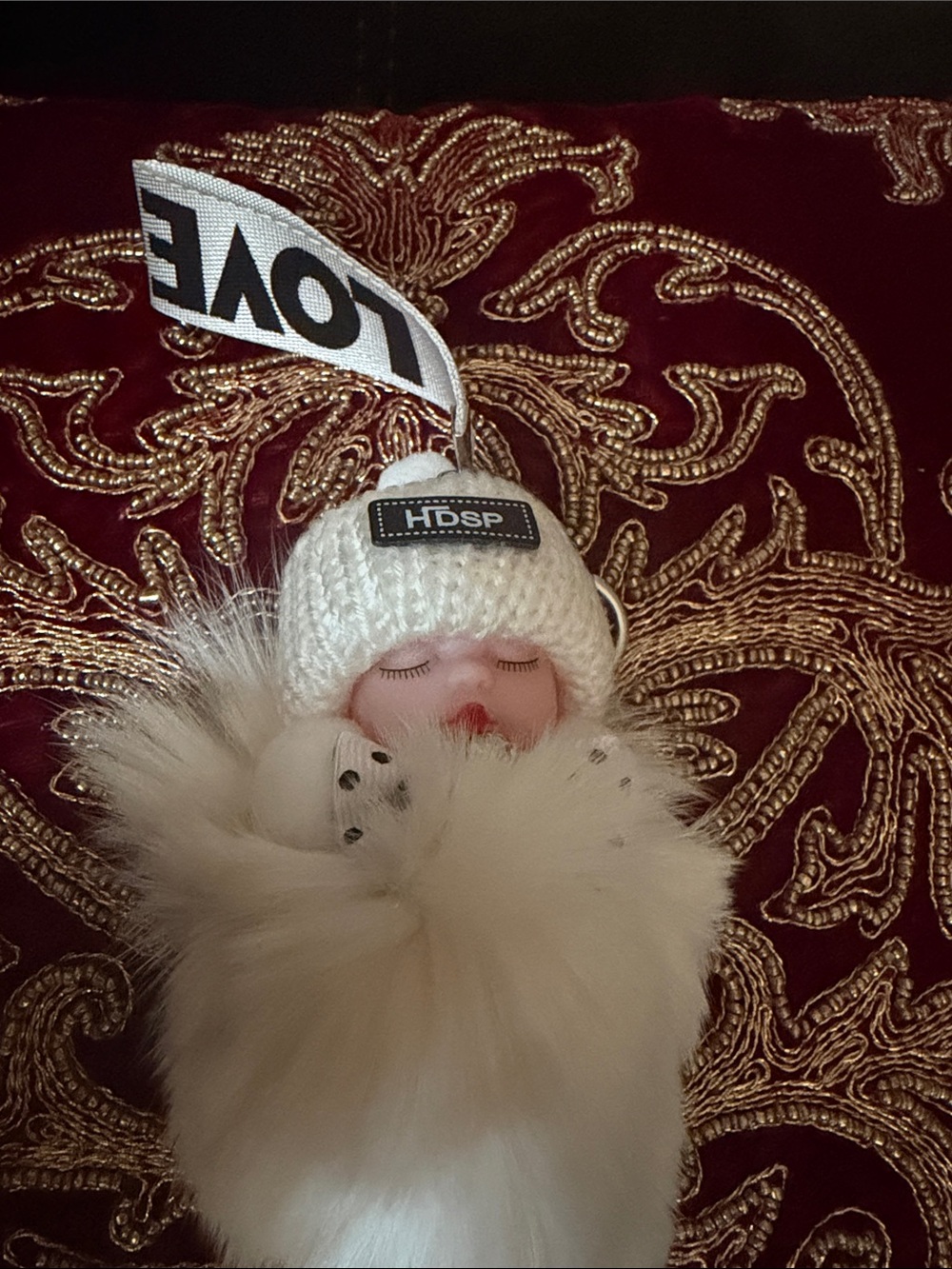 White Fur Pom-Pom Kids Hat Charm with 'LOVE' Ribbon
